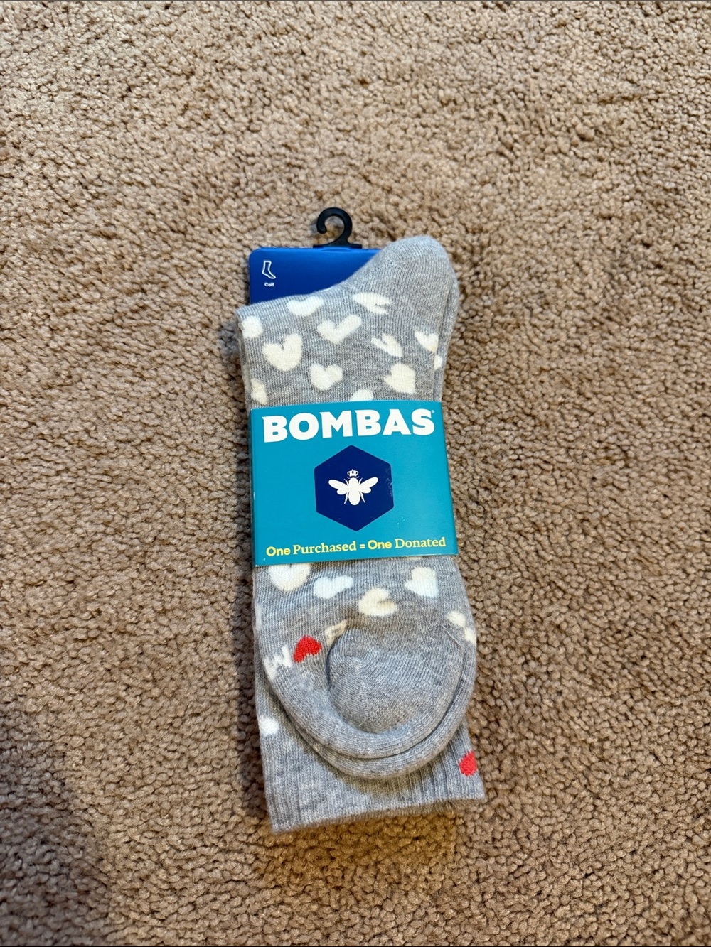 Bombas Gray Crew Socks with White and Red Heart Motif